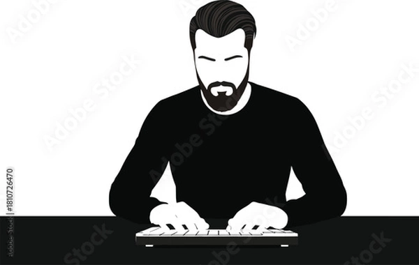 Fototapeta Minimalist vector illustration of bearded man typing on keyboard at desk, modern black and white digital workspace concept art