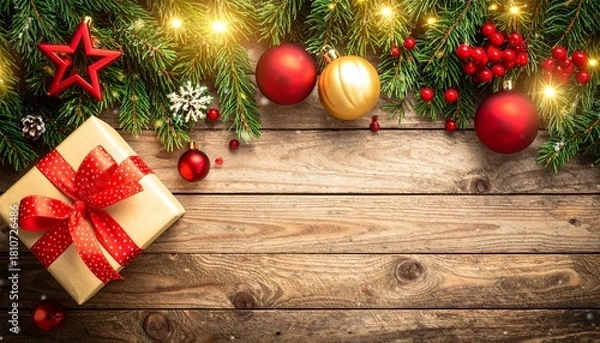 Obraz Top-view composition of wrapped Christmas gifts, red and gold baubles, fir branches, and ornaments arranged neatly above a rustic wooden plank background.