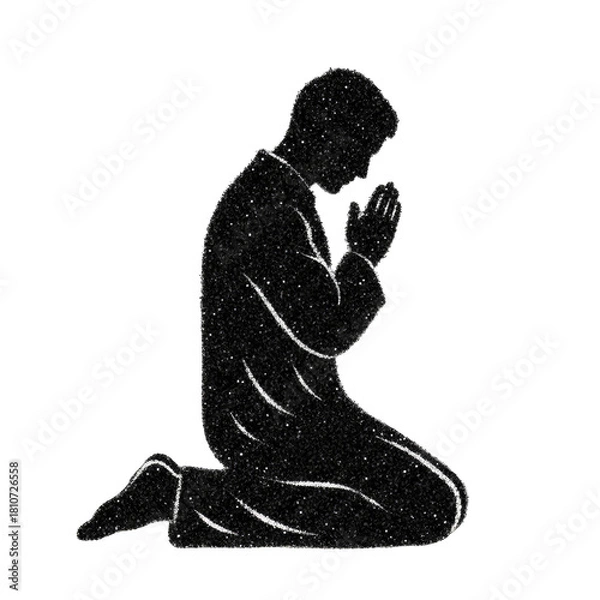 Fototapeta Man kneeling silhouette composed of white particles on a transparent background praying or meditating with hands clasped