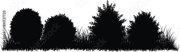 Obraz Silhouette row of bushes and grass with natural foliage shapes, isolated black vegetation for landscaping, nature design, and outdoor scenes.