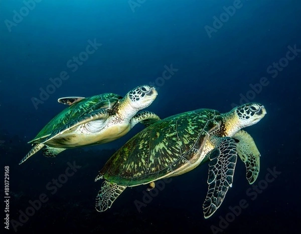 Fototapeta Two sea turtles swim gracefully in a deep, blue ocean
