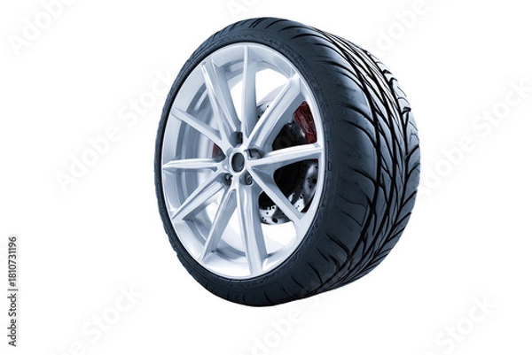 Fototapeta Tire on a silver rim with red brake calipers
