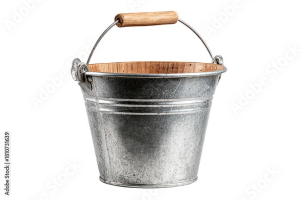 Fototapeta Metal bucket with wooden interior and handle, isolated
