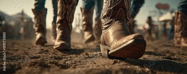Obraz Live country music festival with cowboys in boots concept. Close-up of cowboy boots walking on dusty ground at a rodeo.