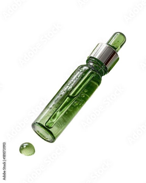Fototapeta Green serum in dropper bottle with a droplet