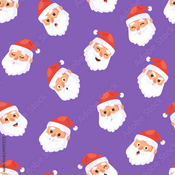 Fototapeta Christmas Santa Claus head emotion faces vector expression character poses illustration emojji Xmas man red traditional costume and Santa hat on head seamless pattern background
