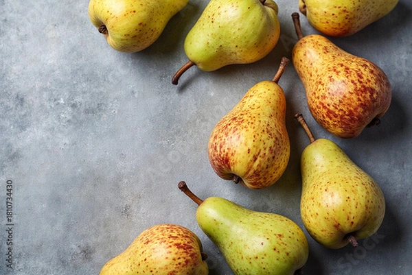 Fototapeta Ripe juicy pears on grey table, flat lay. Space for text. 3d rendering.