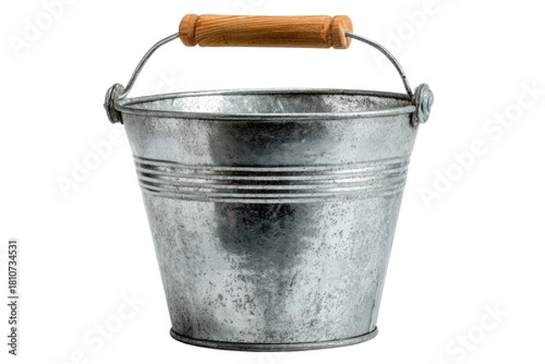 Obraz Weathered, metal bucket with a wooden handle and silver rim