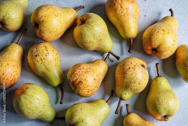 Fototapeta Ripe juicy pears on grey table, flat lay. Space for text. 3d rendering.