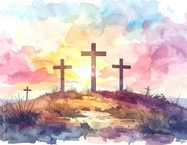 Fototapeta Watercolor painting of three crosses on a hill with a colorful sunset