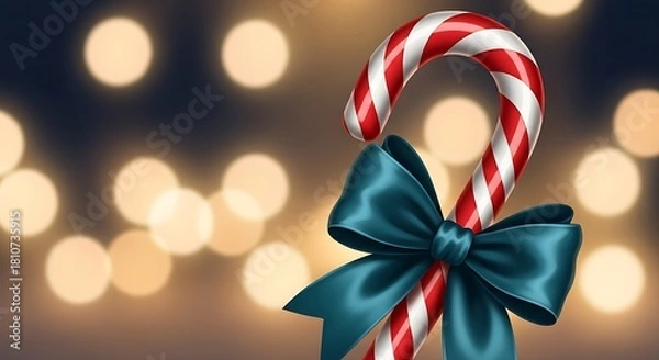 Fototapeta Festive Candy Cane with Blue Ribbon and Bokeh Background.