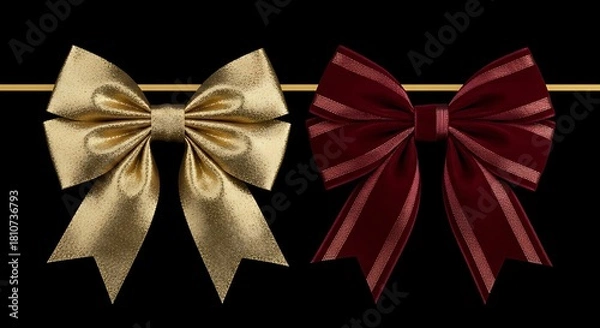 Fototapeta Two Elegant Satin Bows, One Gold and One Burgundy, on a Black Background with a Golden Stripe.
