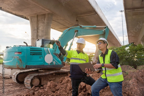 Fototapeta Asian two construction engineers use a radio and laptop to direct an excavator under a towering highway overpass at sunset.