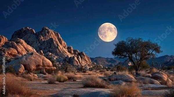 Obraz Large moon shining over barren rocky landscape concept. A serene desert landscape under a glowing full moon at night.