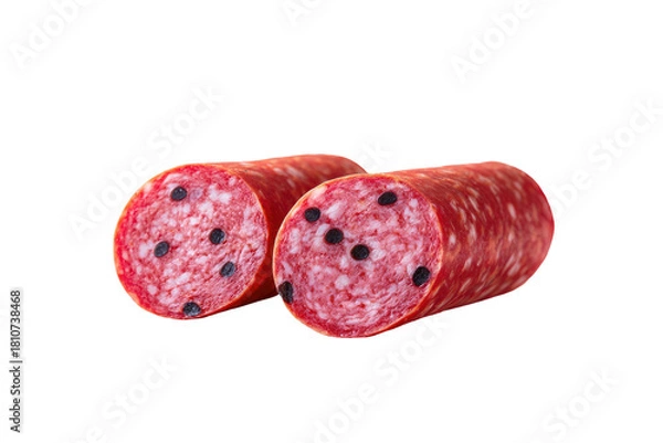 Obraz Sliced salami, speckled with fat and pepper