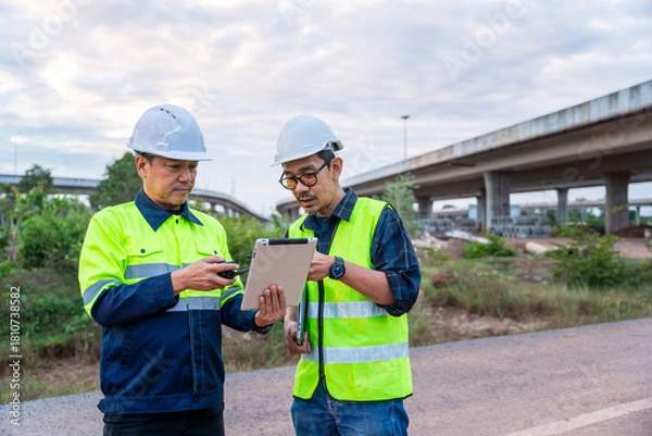 Obraz Two construction engineers review digital plans on a tablet at a dusty road construction site near a large highway overpass.