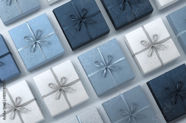 Fototapeta Monochrome blue gift boxes with bows arranged in a seamless pattern. Minimal geometric holiday background for wrapping paper and branding mockups.