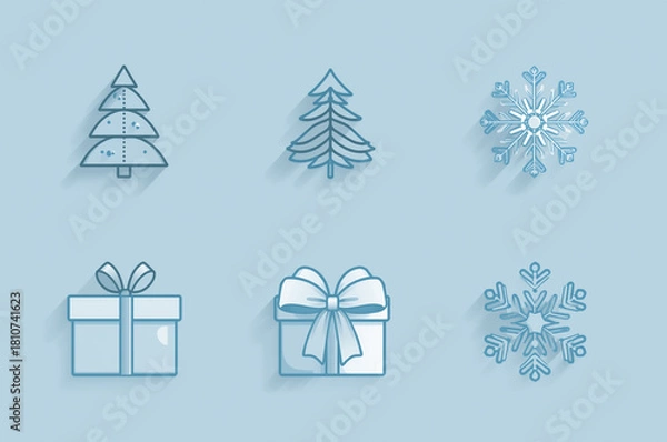 Fototapeta Minimal soft-blue icon set with Christmas trees, snowflakes and gifts, long shadows on pastel background. Clean seasonal UI kit and infographic elements.