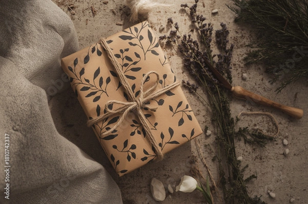 Fototapeta Rustic gift wrapped in botanical kraft paper and twine, styled with herbs and petals on a cozy fabric backdrop. Warm artisanal holiday packaging flat lay.