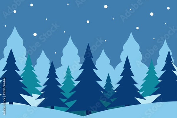 Fototapeta Winter night forest landscape with falling snow and pine trees