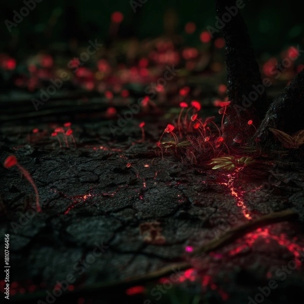 Fototapeta Glowing red fungi and cracked soil on dark forest floor at night, eerie bioluminescence for dark fantasy concept and mystical atmosphere
