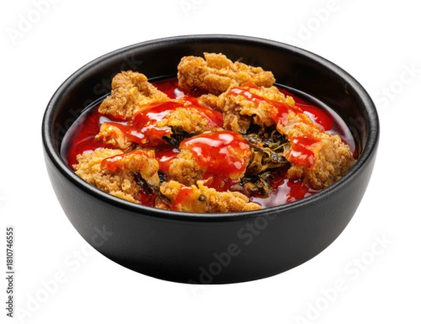 Fototapeta Fried chicken pieces with red sauce in a black bowl