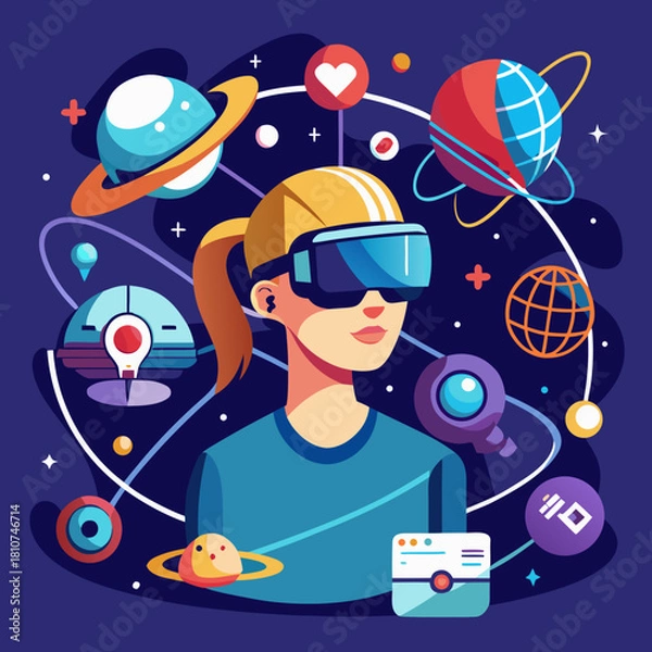 Obraz “Vector illustration: virtual reality and metaverse concept – headset, avatars, icons”
