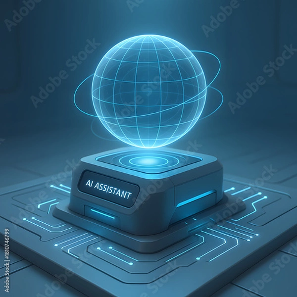 Obraz A glowing holographic sphere hovers above an AI assistant device, showcasing futuristic technology in a clean, high-tech environment.