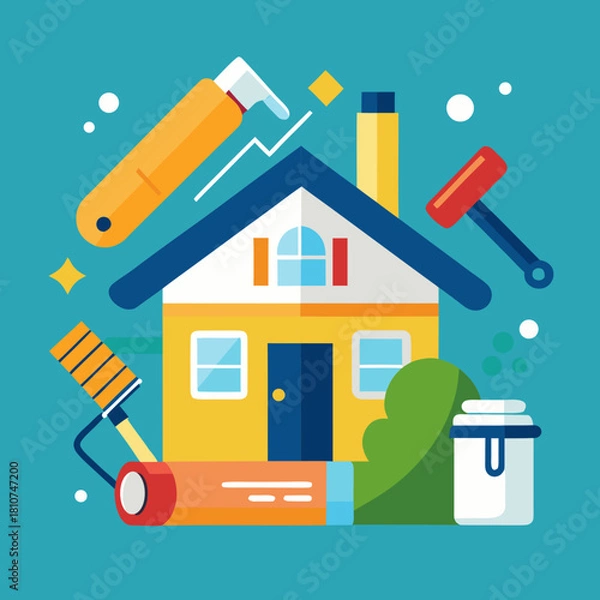 Obraz “Flat style vector illustration of home renovation concept: paint roller, hammer, blueprint”
