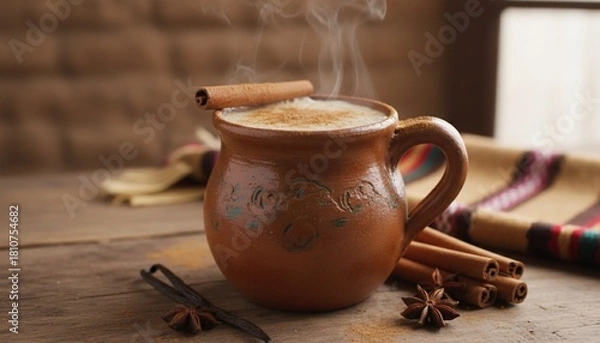 Fototapeta Warm Atole Drink with Cinnamon Sticks in Rustic Mug.