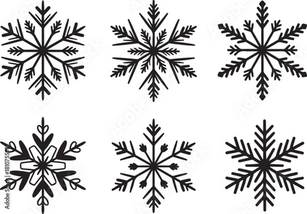 Fototapeta Collection of different black snowflakes on transparent backdrop winter holiday decorative icy frost elements vector graphic illustration 130