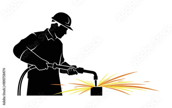 Obraz Silhouette of a welder working with a torch, creating sparks.