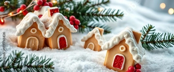 Fototapeta Cozy winter scene with iced sugar cookies shaped like houses, snow, and evergreen branches, cookies, cute