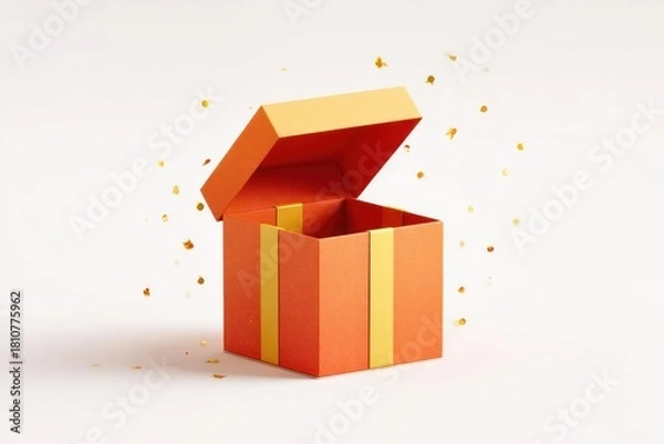 Fototapeta An open orange and yellow striped gift box with confetti falling around it on a white background