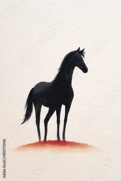 Obraz Black horse silhouette standing on textured white background, watercolor style, elegant and calm mood, minimalistic animal illustration, suitable for wall art or greeting card design
