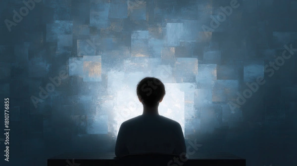 Obraz Silhouette of person sitting at desk facing illuminated abstract digital wall, moody atmosphere, technology concept, solitude, blue tones, modern interior, creative inspiration
