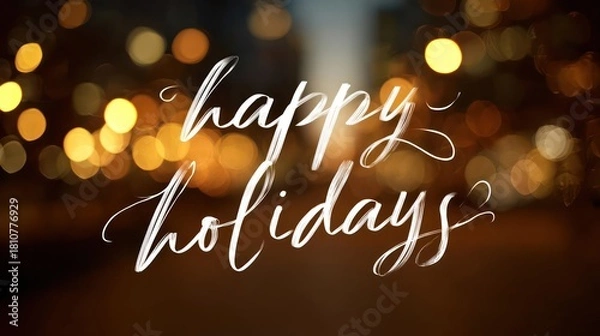 Obraz Elegant white handwritten calligraphy text happy holidays overlayed on a warm bokeh background of glowing golden lights