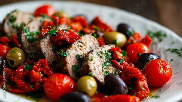 Fototapeta Gourmet seared steak with black olives and sun-dried tomatoes on white plate, macro food photography on wooden table