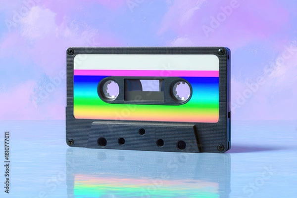 Obraz Colorful retro audio cassette with rainbow gradient label standing on glossy surface, pastel purple background, nostalgic and vibrant mood, vintage music concept