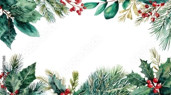 Fototapeta Festive watercolor border of evergreen branches holly leaves and red berries creating a christmas and winter holiday frame