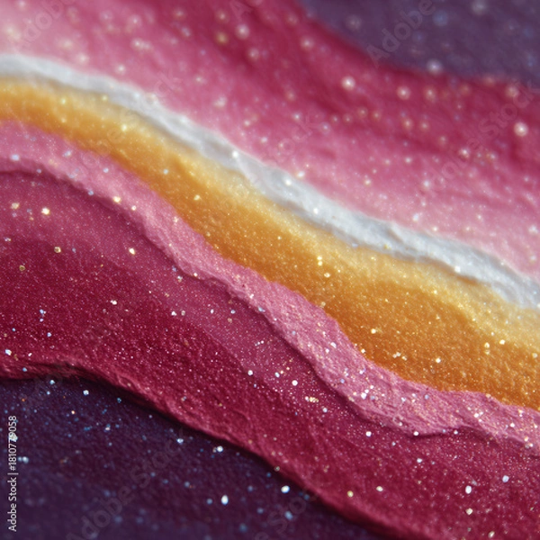 Obraz Abstract macro image featuring vibrant pink, gold, and white textured layers with sparkling glitter, creating dreamy, artistic background with sense of movement and creativity