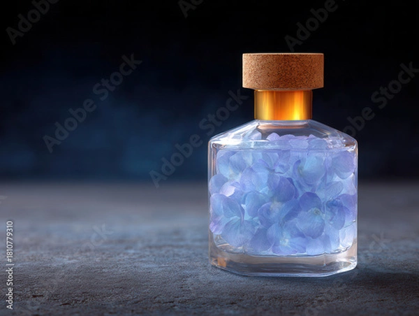 Obraz Glass bottle with cork lid filled with delicate blue hydrangea petals, placed on textured surface, soft lighting creates calm, elegant, and tranquil atmosphere