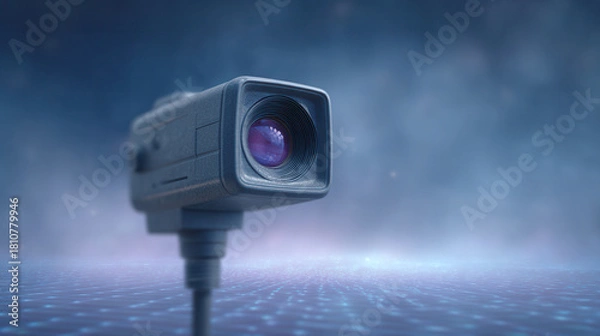 Obraz Security camera surveillance technology lens digital monitoring futuristic blue focus electronic Security camera with large lens focus set against digital blue background representing modern