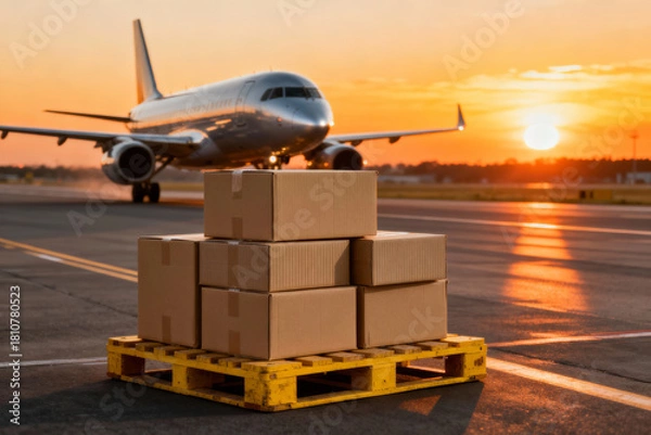 Fototapeta Hopeful cargo plane loading process at an airport tarmac during golden sunset part of international shipping logistics