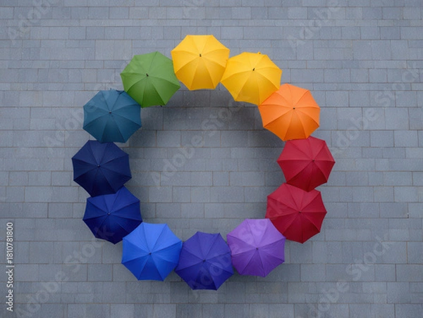 Obraz Colorful umbrella circle, arranged in rainbow order, on gray stone tile background, creating vibrant and cheerful geometric pattern, top view, symmetry, outdoor art installation