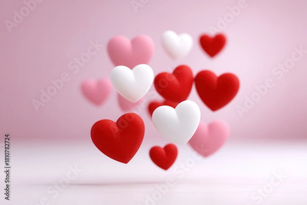 Obraz Red, white, and pink heart shapes float against soft pink background, creating romantic and cheerful atmosphere perfect for love, celebration, and Valentine Day themes