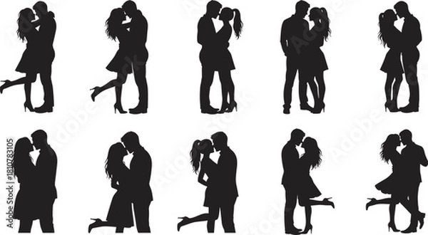 Fototapeta Romantic Silhouettes of Loving Couples Kissing and Embracing in Various Passionate Poses, Symbolizing Love, Romance, Affection, Dating, and Relationship Concepts on a White Background.