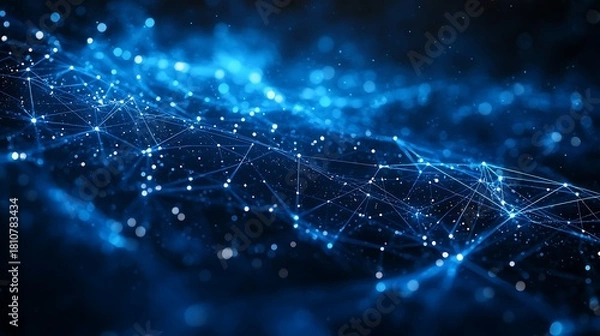Fototapeta A blue abstract network with glowing nodes and connecting lines in a dark background space effect