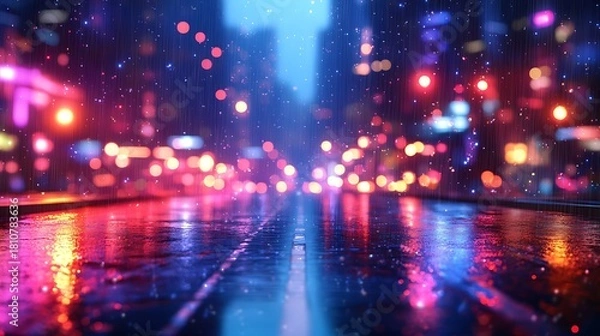Fototapeta City street at night with rain and blurred lights reflecting on the wet pavement surface view perspective