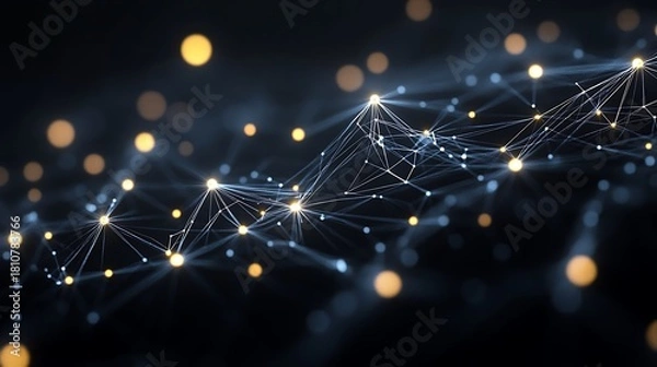 Fototapeta Illuminated network of connected white lines and glowing nodes on a dark background bokeh effect